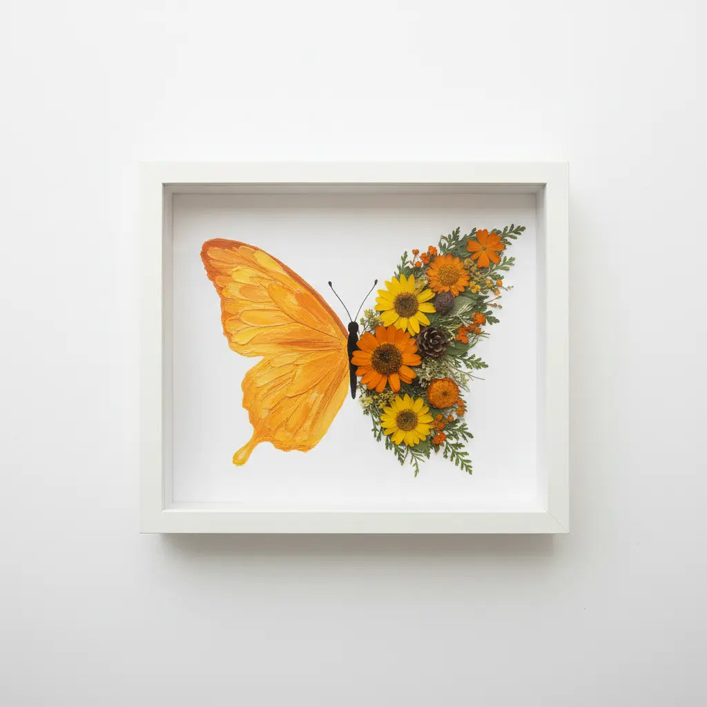 Amber orange butterfly dried floral shadow box kit