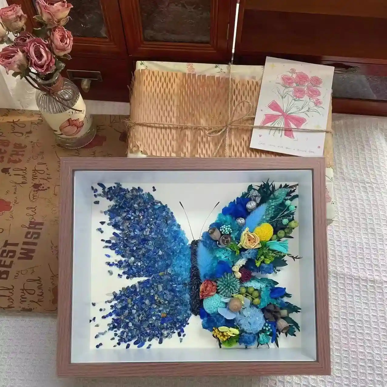 Butterfly Crystal & Dried Flower Shadow Box — Handmade Finished Art Piece