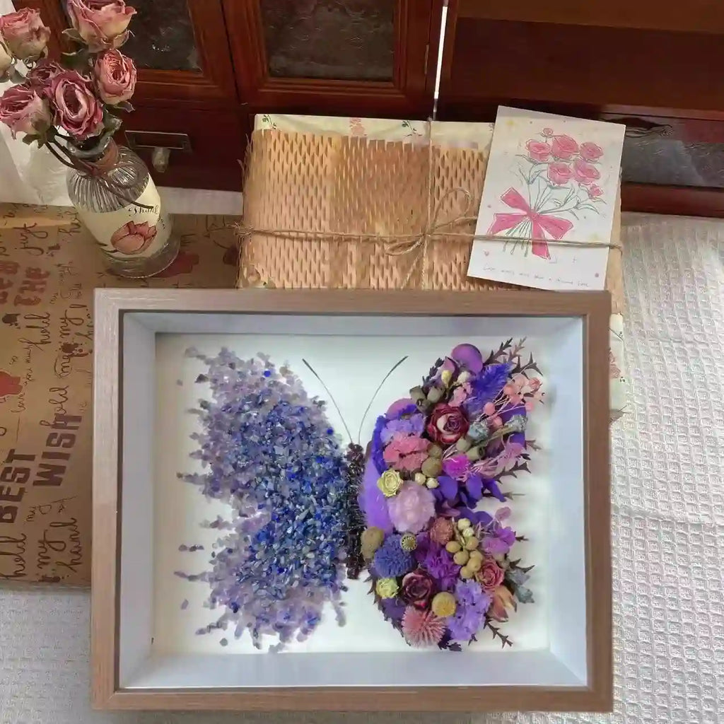 Butterfly Crystal & Dried Flower Shadow Box — Handmade Finished Art Piece