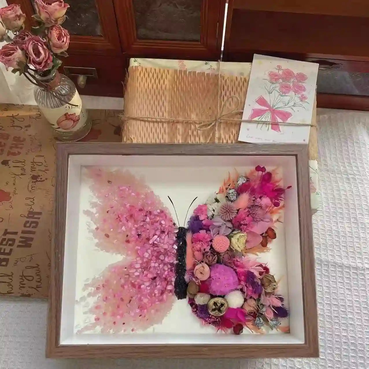 Butterfly Crystal & Dried Flower Shadow Box — Handmade Finished Art Piece