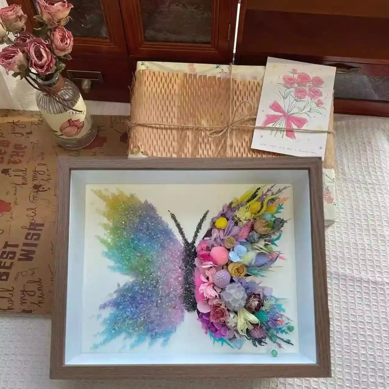 Butterfly Crystal & Dried Flower Shadow Box — Handmade Finished Art Piece