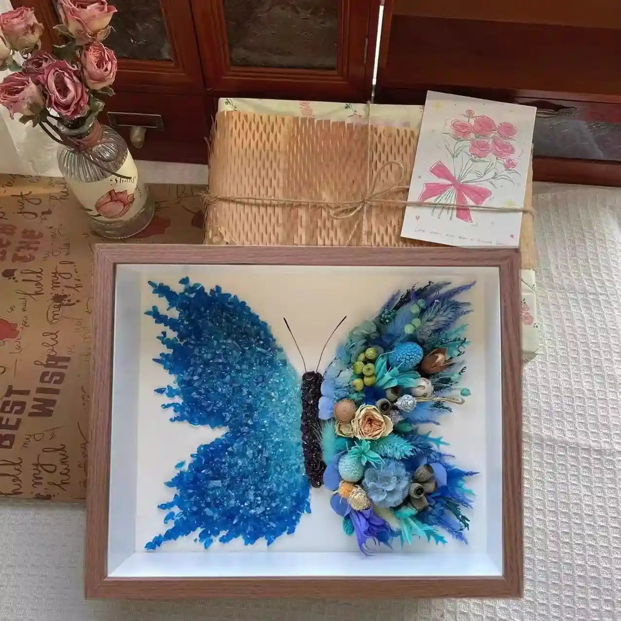 Butterfly Crystal & Dried Flower Shadow Box — Handmade Finished Art Piece