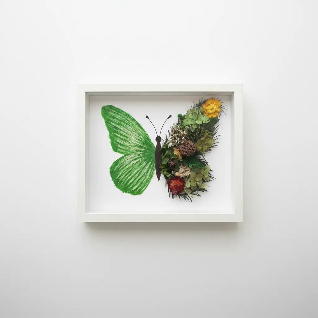 Yellow green butterfly dried floral shadow box kit
