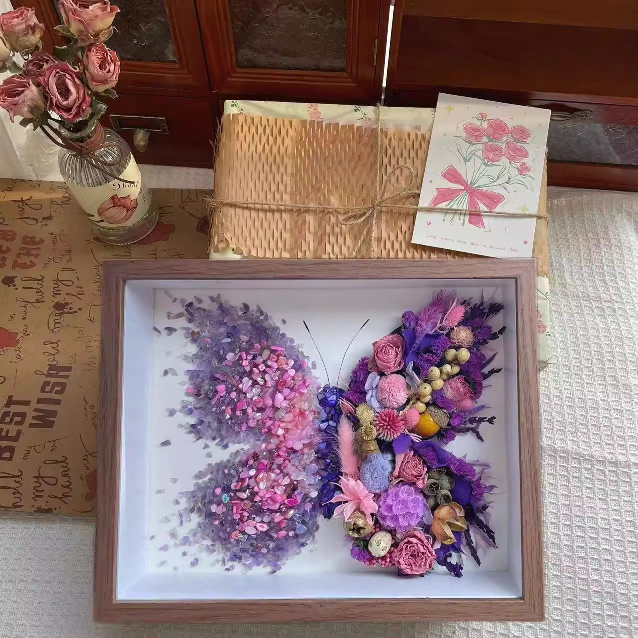 Butterfly Crystal & Dried Flower Shadow Box — Handmade Finished Art Piece