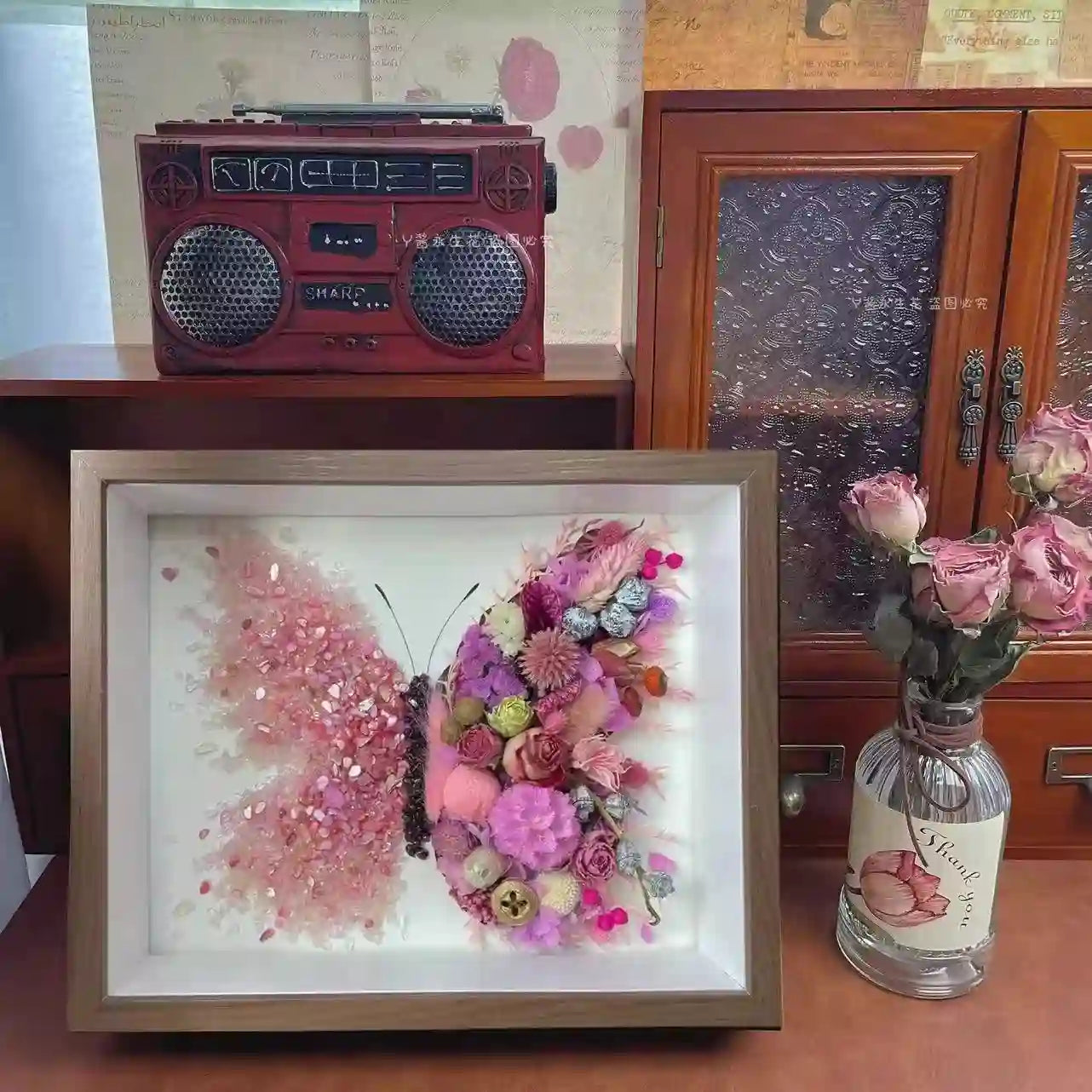 Butterfly Crystal & Dried Flower Shadow Box — Handmade Finished Art Piece