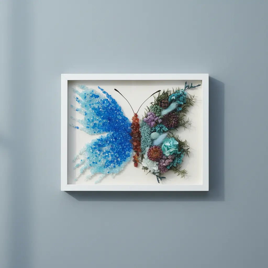 Blue pearl butterfly dried floral shadow box kit display