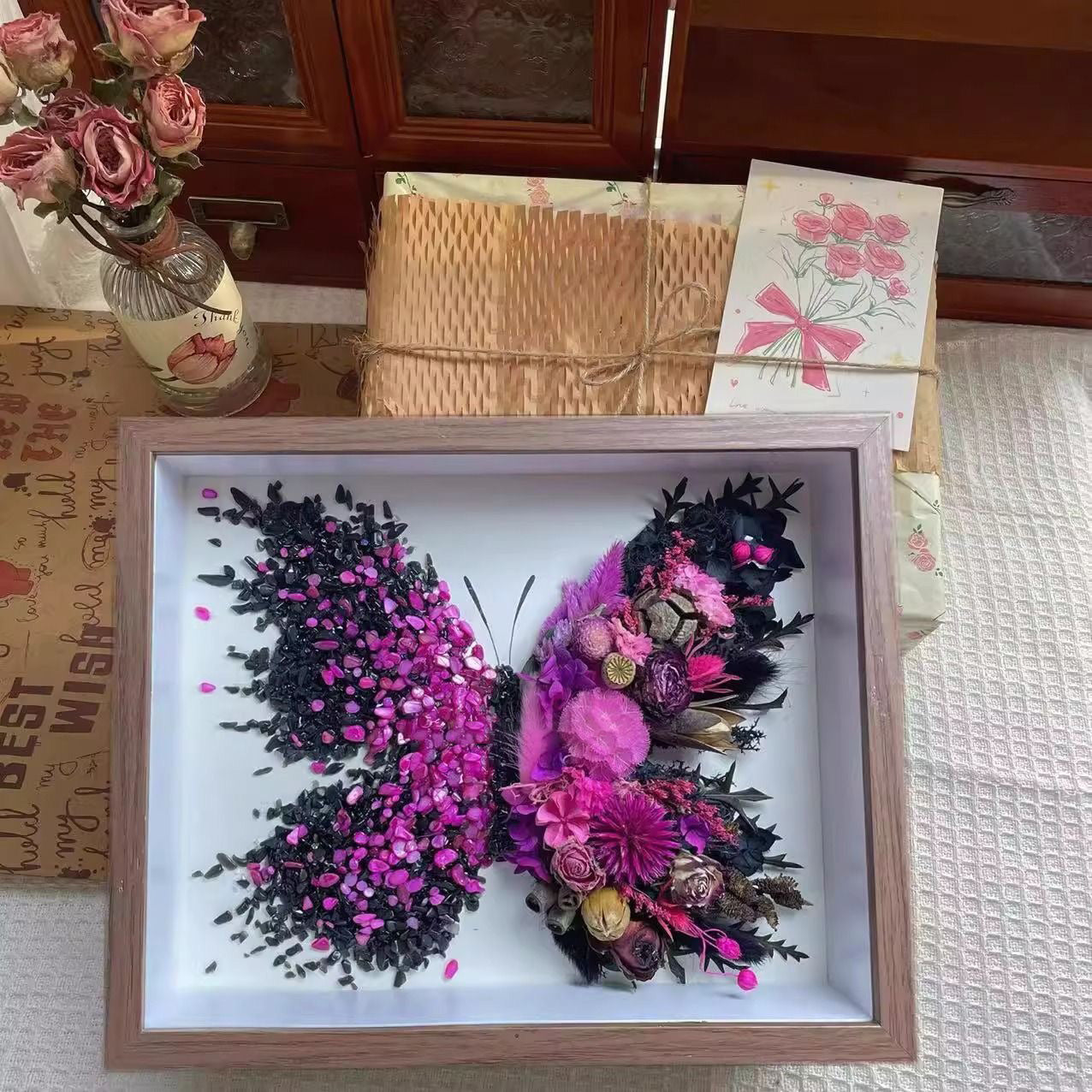 Butterfly Crystal & Dried Flower Shadow Box — Handmade Finished Art Piece