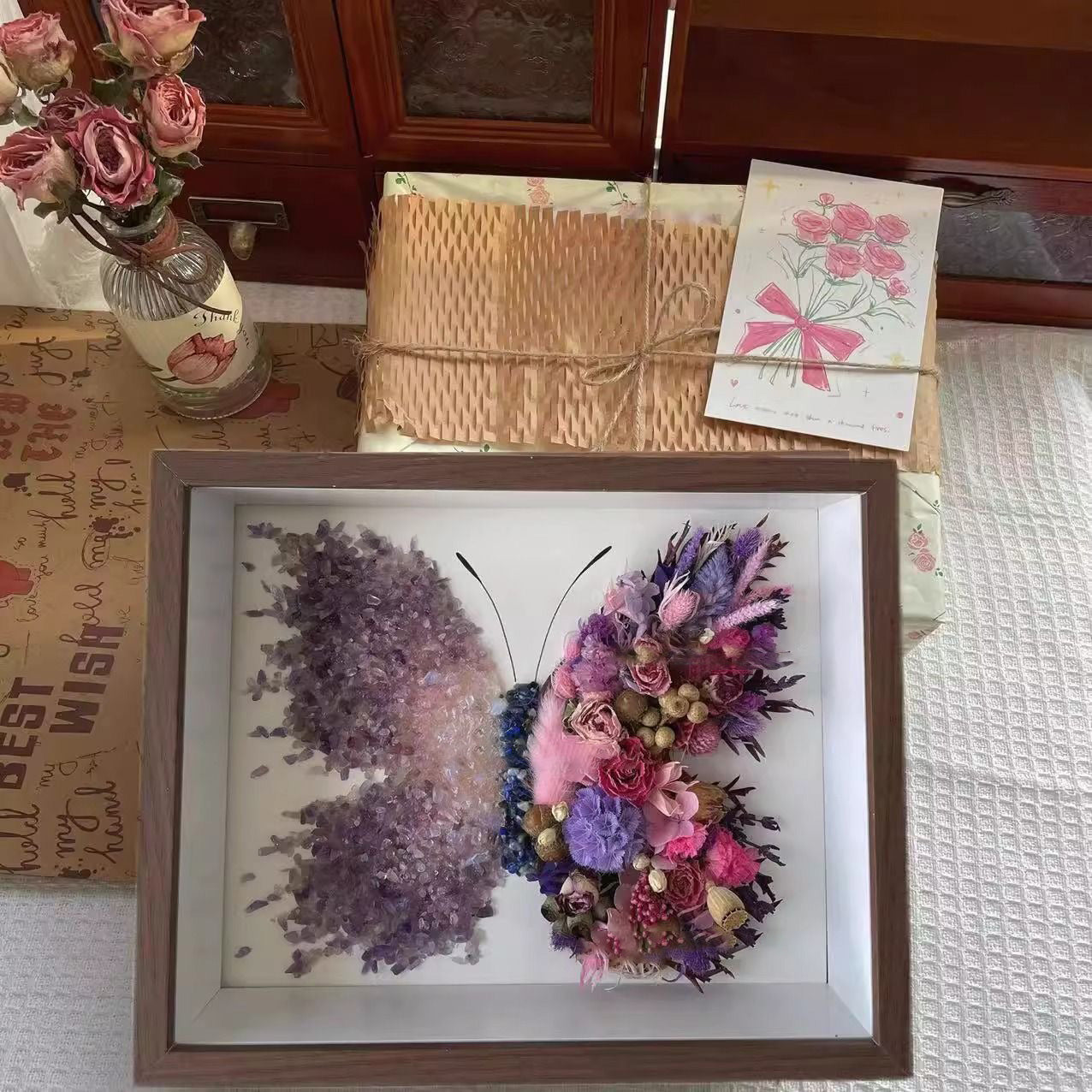 Butterfly Crystal & Dried Flower Shadow Box — Handmade Finished Art Piece