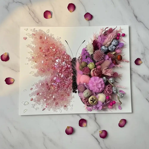Pink crystal butterfly dried floral shadow box kit