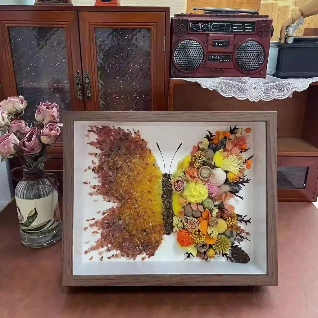 Butterfly Crystal & Dried Flower Shadow Box — Handmade Finished Art Piece