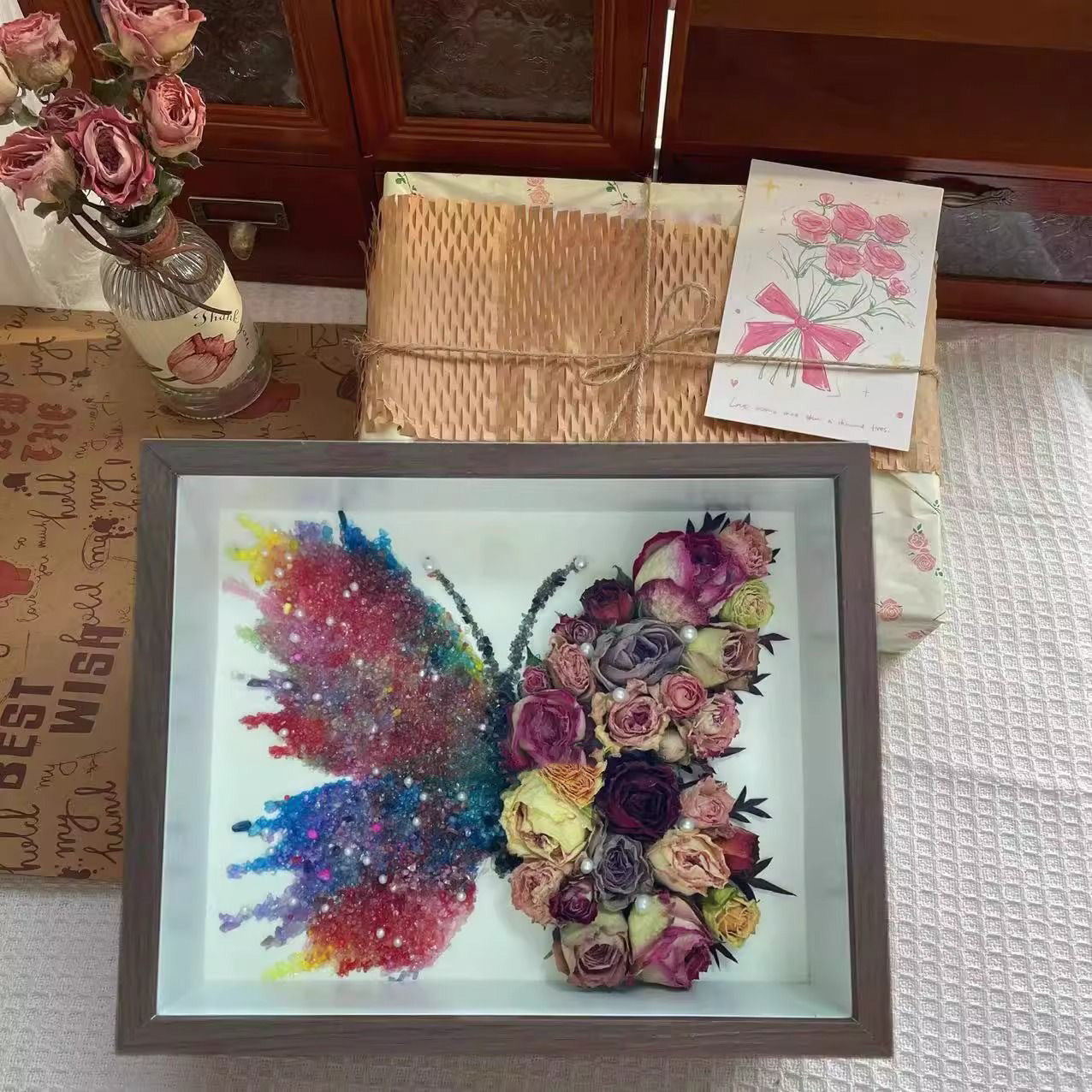 Butterfly Crystal & Dried Flower Shadow Box — Handmade Finished Art Piece