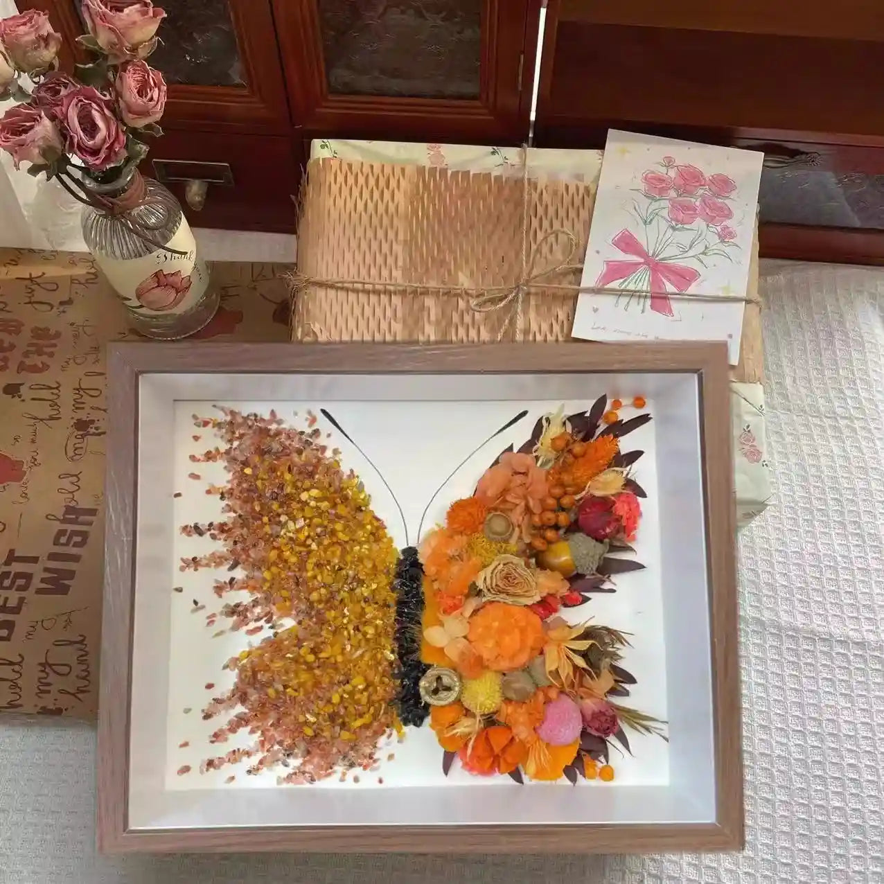 Butterfly Crystal & Dried Flower Shadow Box — Handmade Finished Art Piece