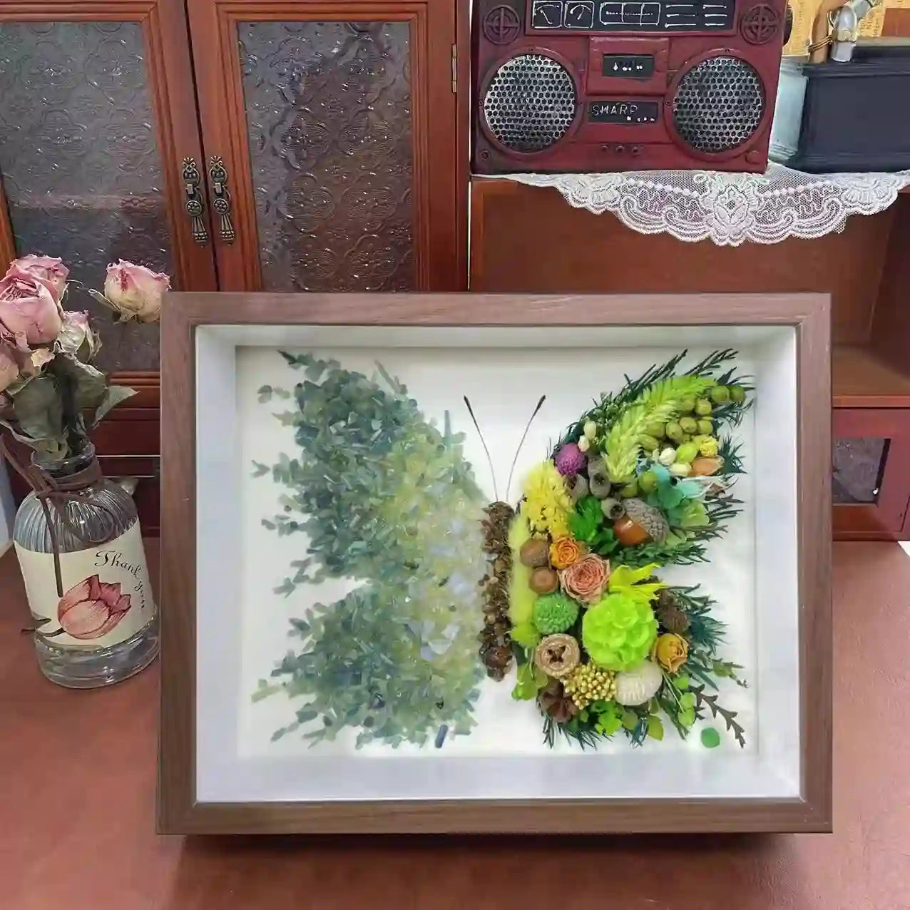 Butterfly Crystal & Dried Flower Shadow Box — Handmade Finished Art Piece