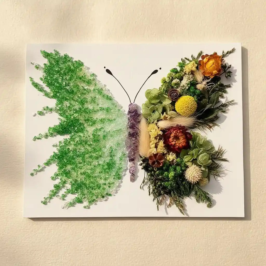Green crystal butterfly dried floral shadow box kit
