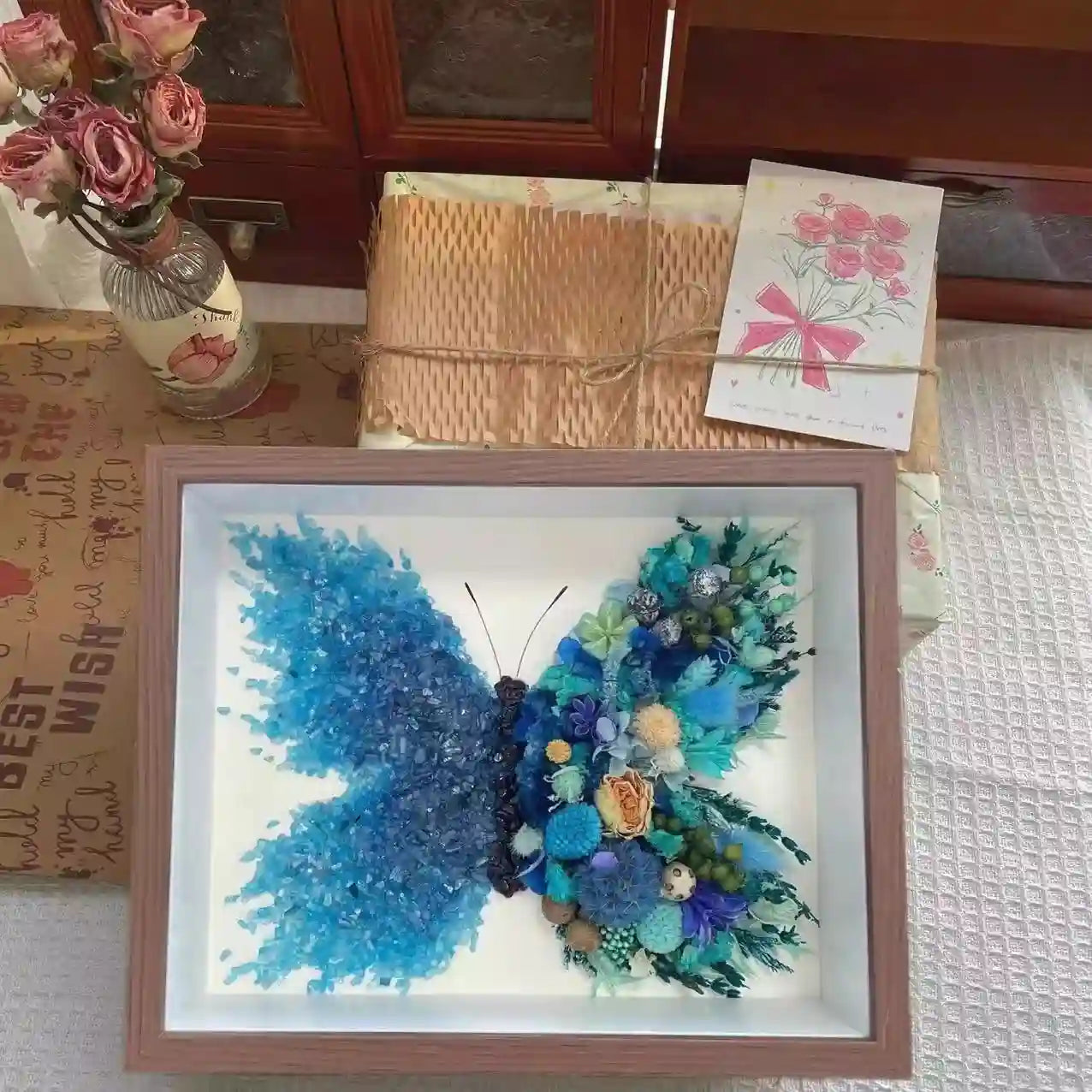 Butterfly Crystal & Dried Flower Shadow Box — Handmade Finished Art Piece