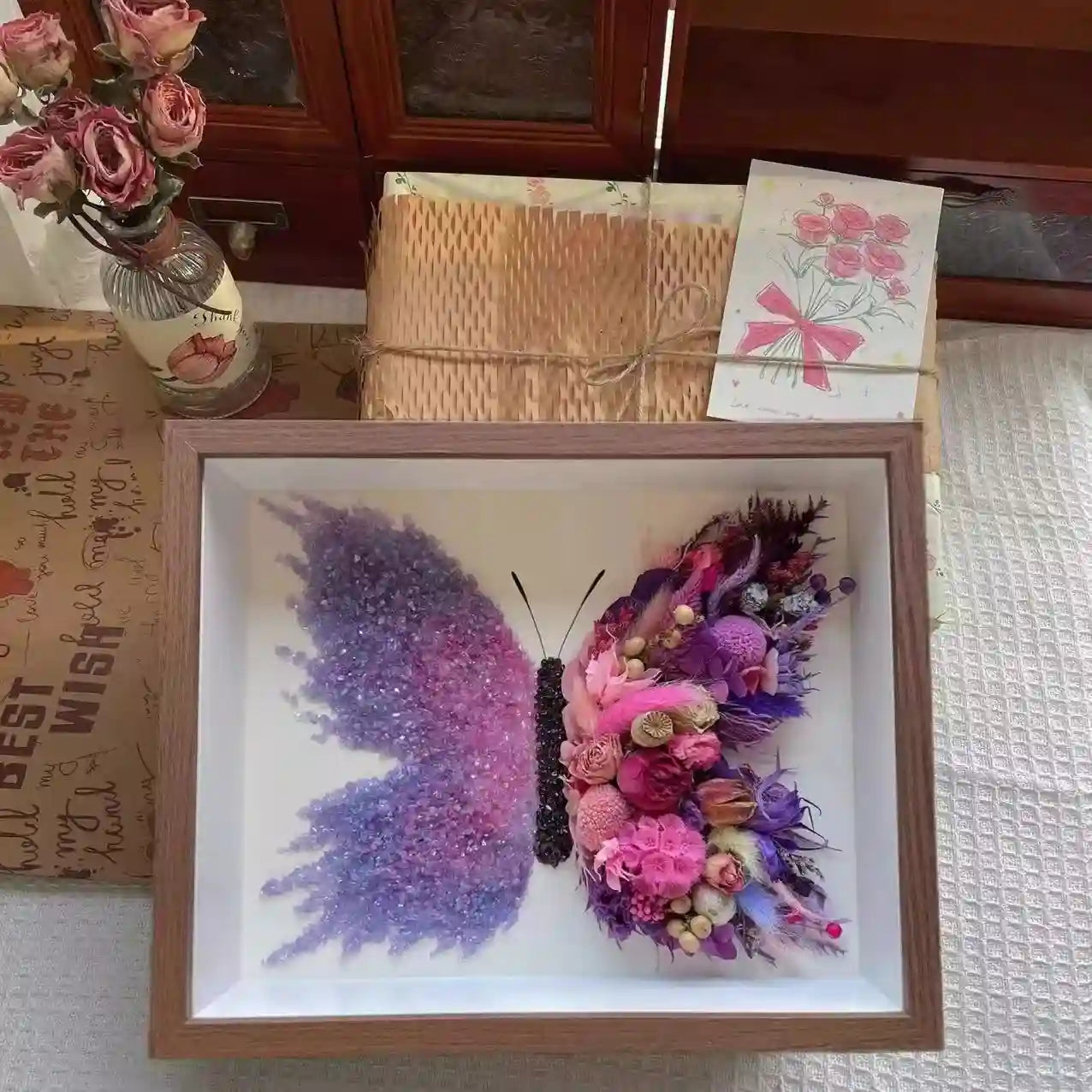 Butterfly Crystal & Dried Flower Shadow Box — Handmade Finished Art Piece