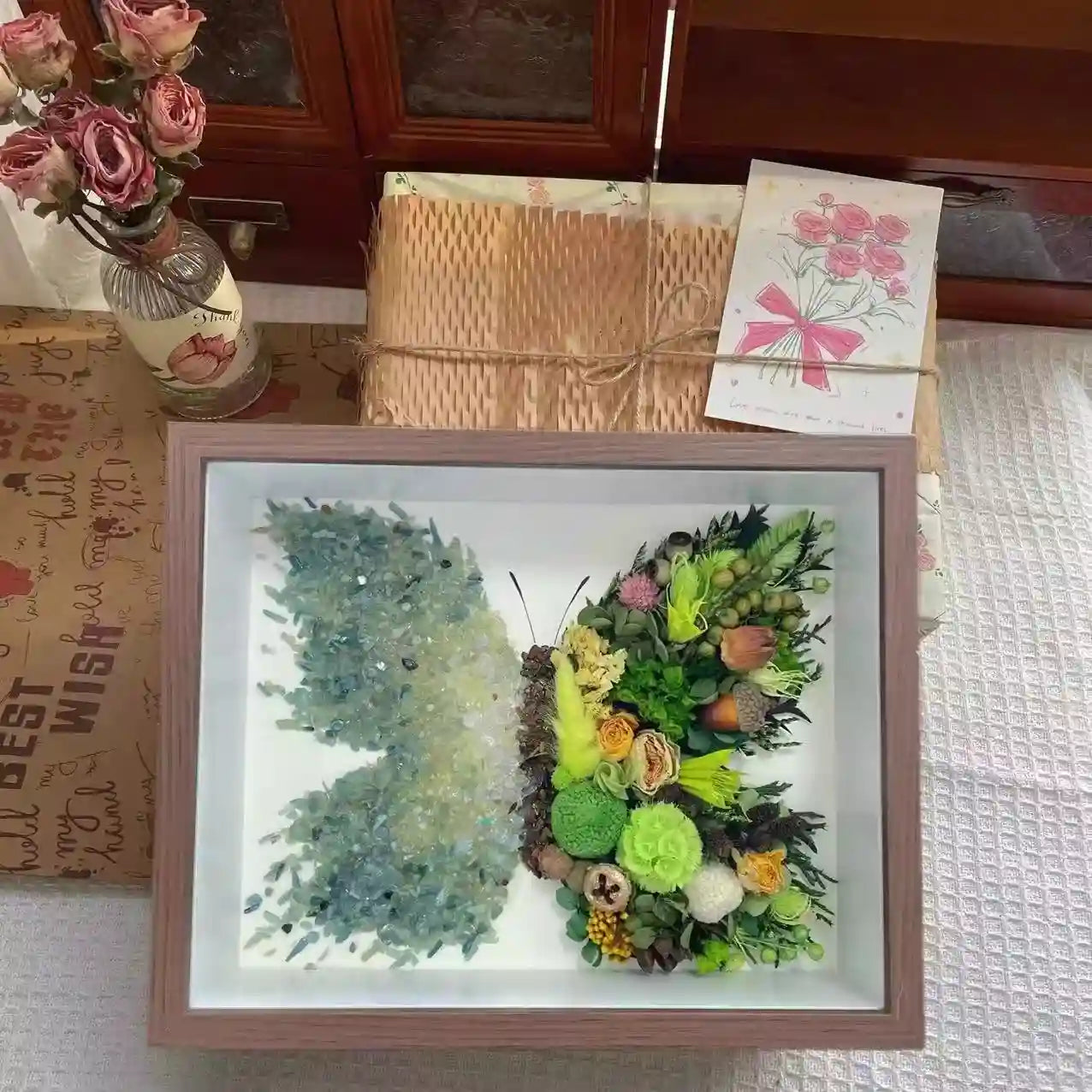 Butterfly Crystal & Dried Flower Shadow Box — Handmade Finished Art Piece