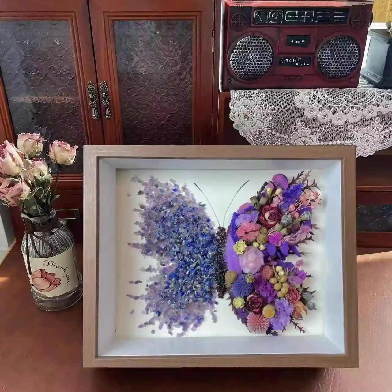 Butterfly Crystal & Dried Flower Shadow Box — Handmade Finished Art Piece