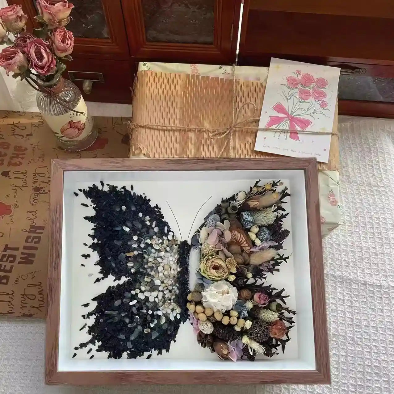 Butterfly Crystal & Dried Flower Shadow Box — Handmade Finished Art Piece
