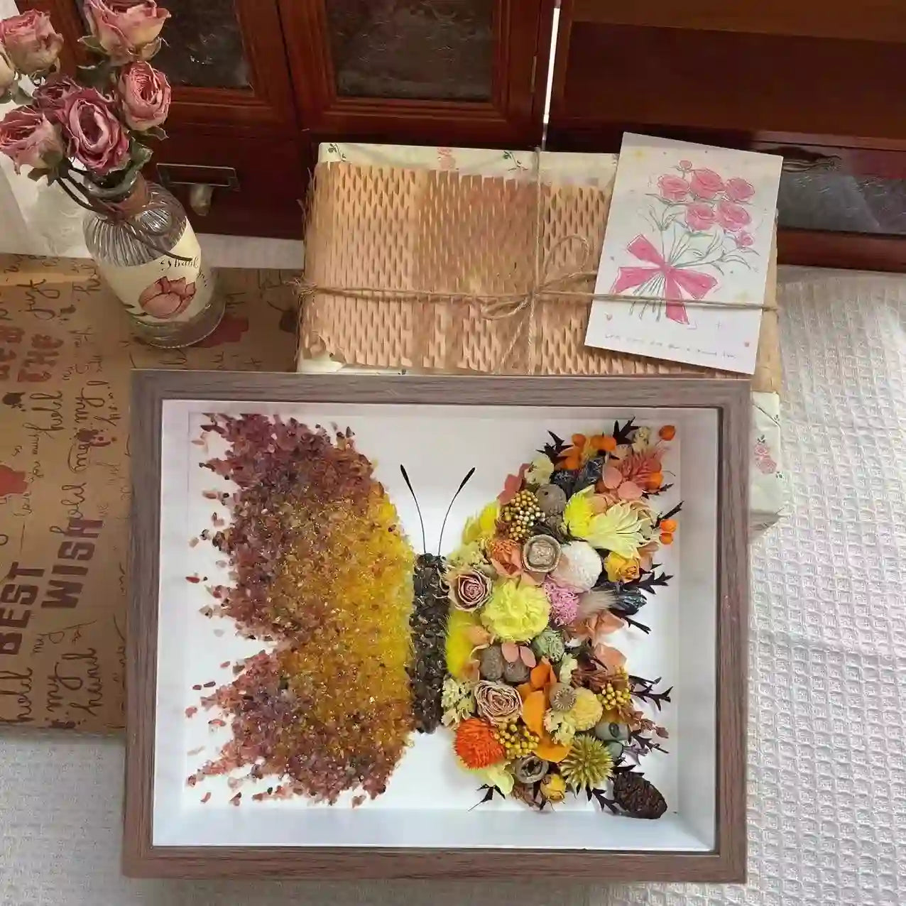 Butterfly Crystal & Dried Flower Shadow Box — Handmade Finished Art Piece